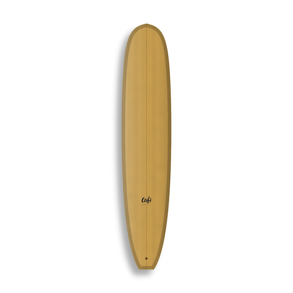 Longboard California Dream da Lufi Surf Co na cor Ocre Mostarda, visto pelo deck
