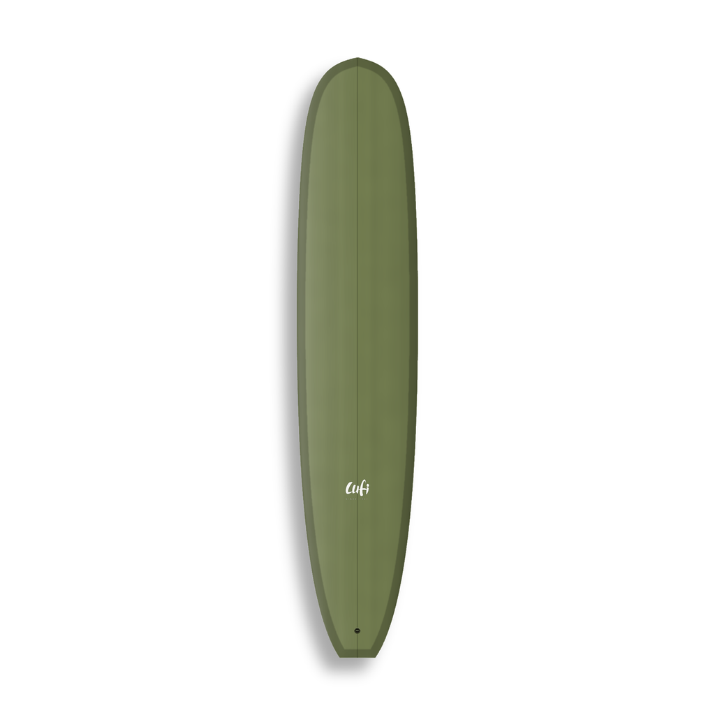 Longboard California Dream da Lufi Surf Co na cor Oliva, visto pelo deck