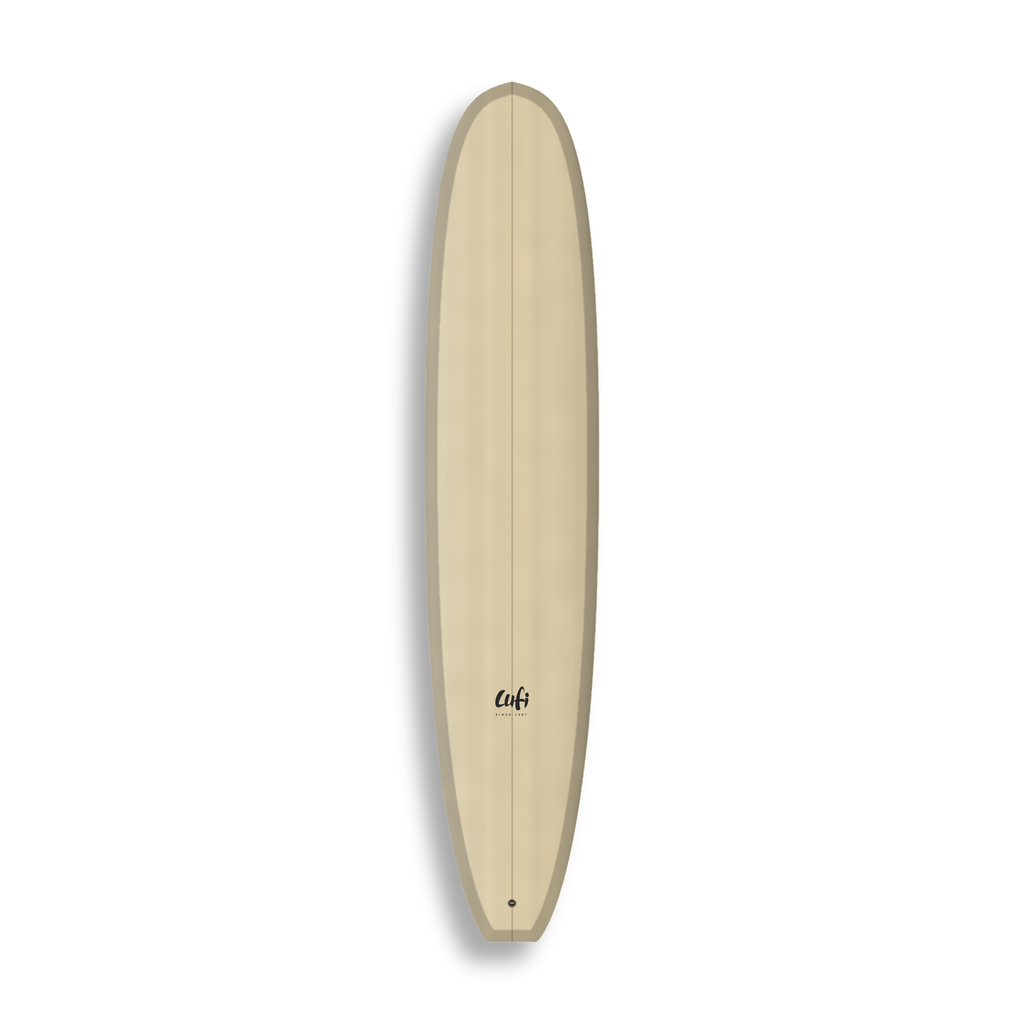 Longboard Gladiator da Lufi Surf Co na cor Areia, visto pelo deck
