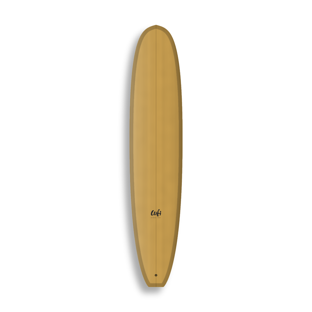 Longboard Gladiator da Lufi Surf Co na cor Ocre Mostarda, visto pelo deck