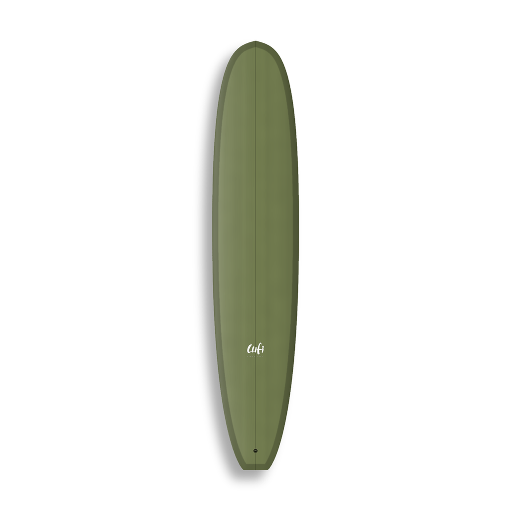 Longboard Gladiator da Lufi Surf Co na cor Oliva, visto pelo deck
