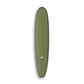 Longboard Gladiator da Lufi Surf Co na cor Oliva, visto pelo deck
