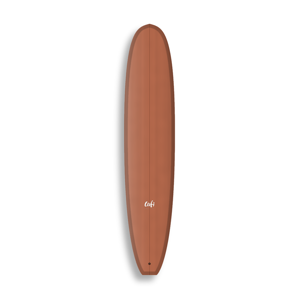 Longboard Gladiator da Lufi Surf Co na cor Terracota, visto pelo deck