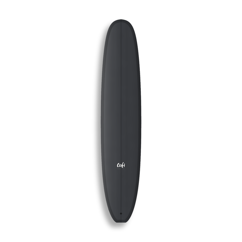 Longboard La Union da Lufi Surf Co na cor Carvão, visto pelo deck