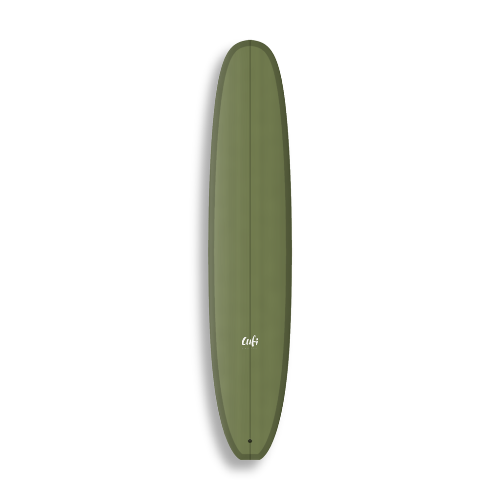 Longboard La Union da Lufi Surf Co na cor Oliva, visto pelo deck