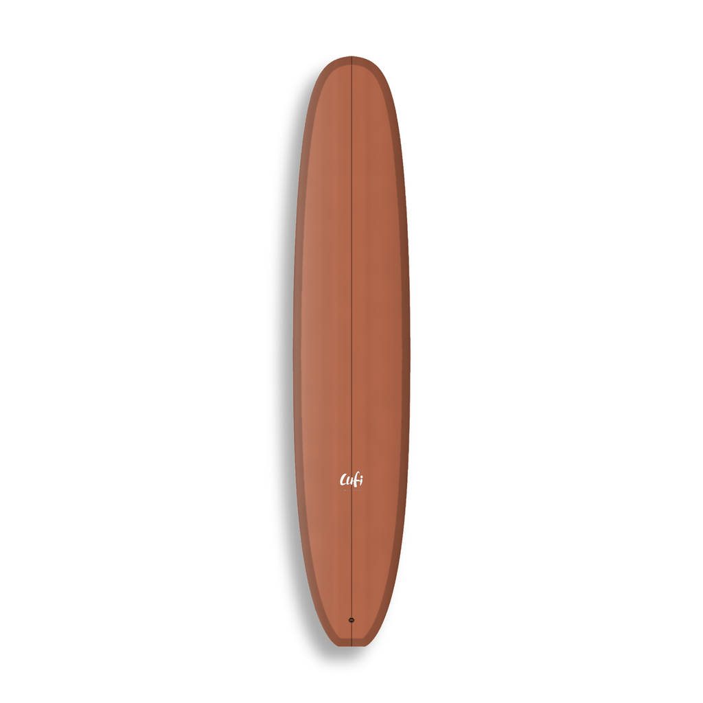 Longboard La Union da Lufi Surf Co na cor Terracota, visto pelo deck