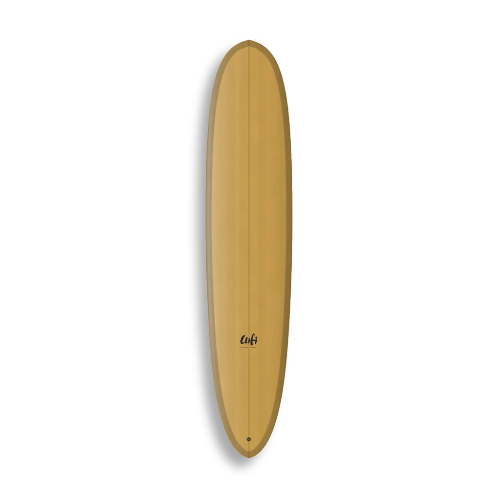 Longboard Magic da Lufi Surf Co na cor Ocre Mostarda, visto pelo deck