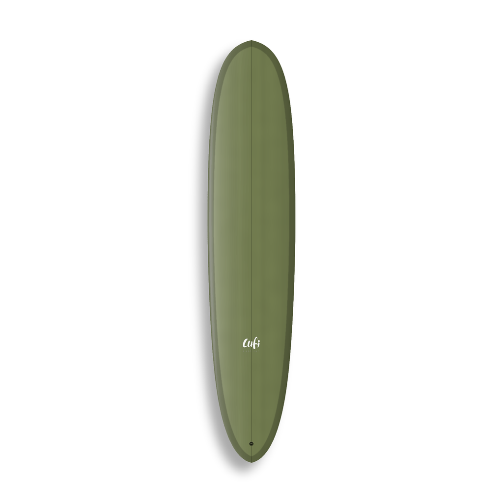 Longboard Magic da Lufi Surf Co na cor Oliva, visto pelo deck