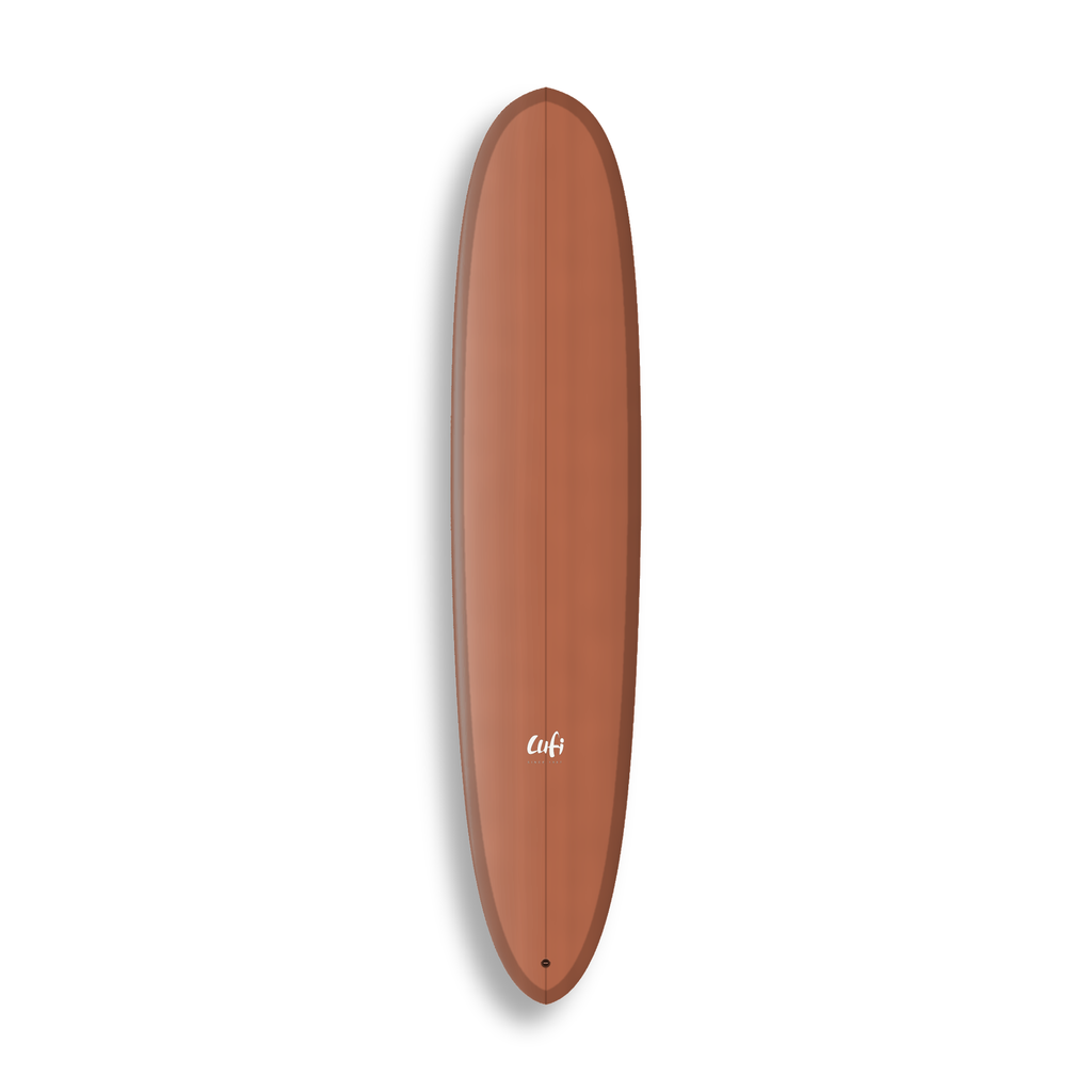 Longboard Magic da Lufi Surf Co na cor Terracota, visto pelo deck