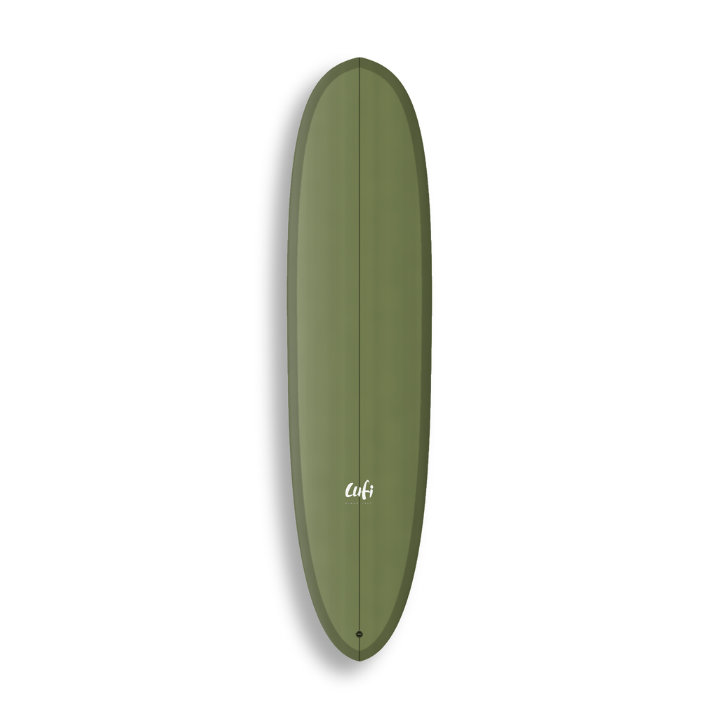 Mid-length Mini Magic da Lufi Surf Co na cor Oliva, visto pelo deck