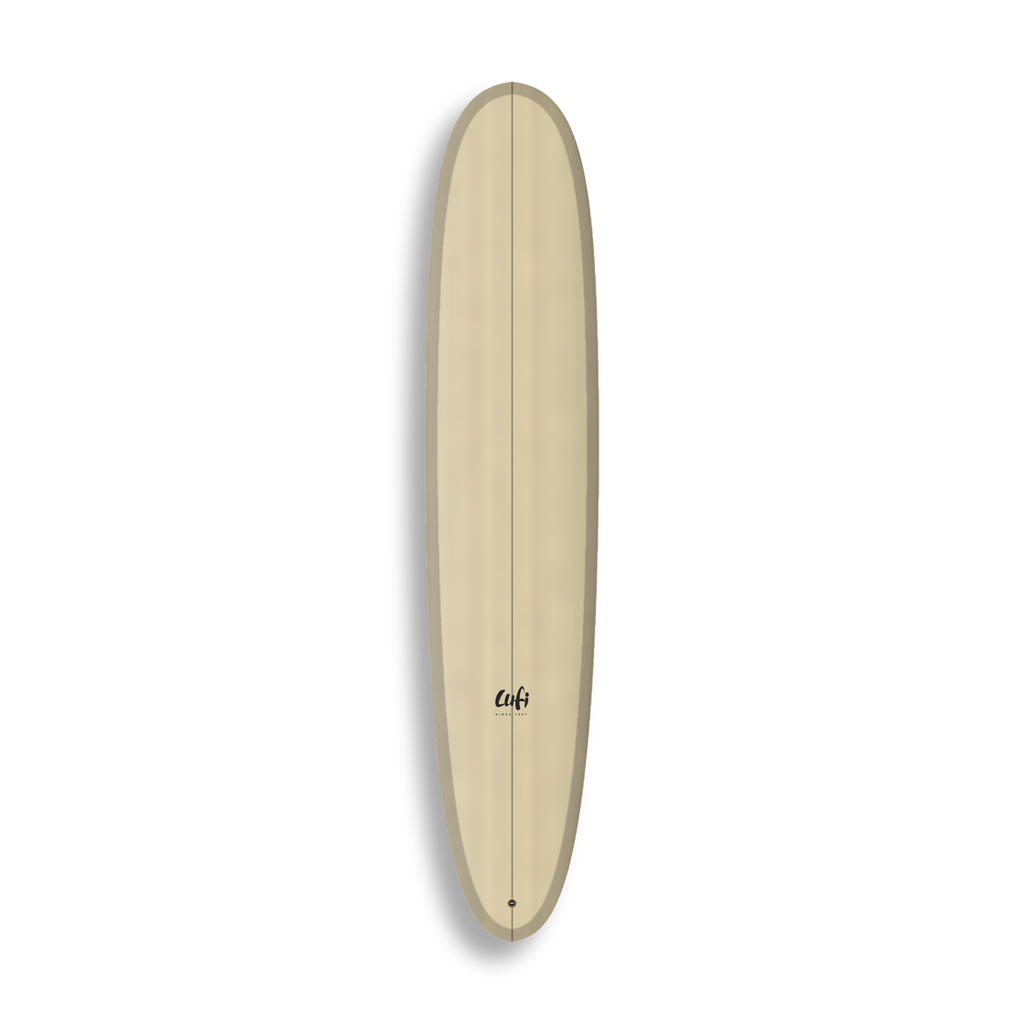 Longboard Noosa Secret da Lufi Surf Co na cor Areia, visto pelo deck
