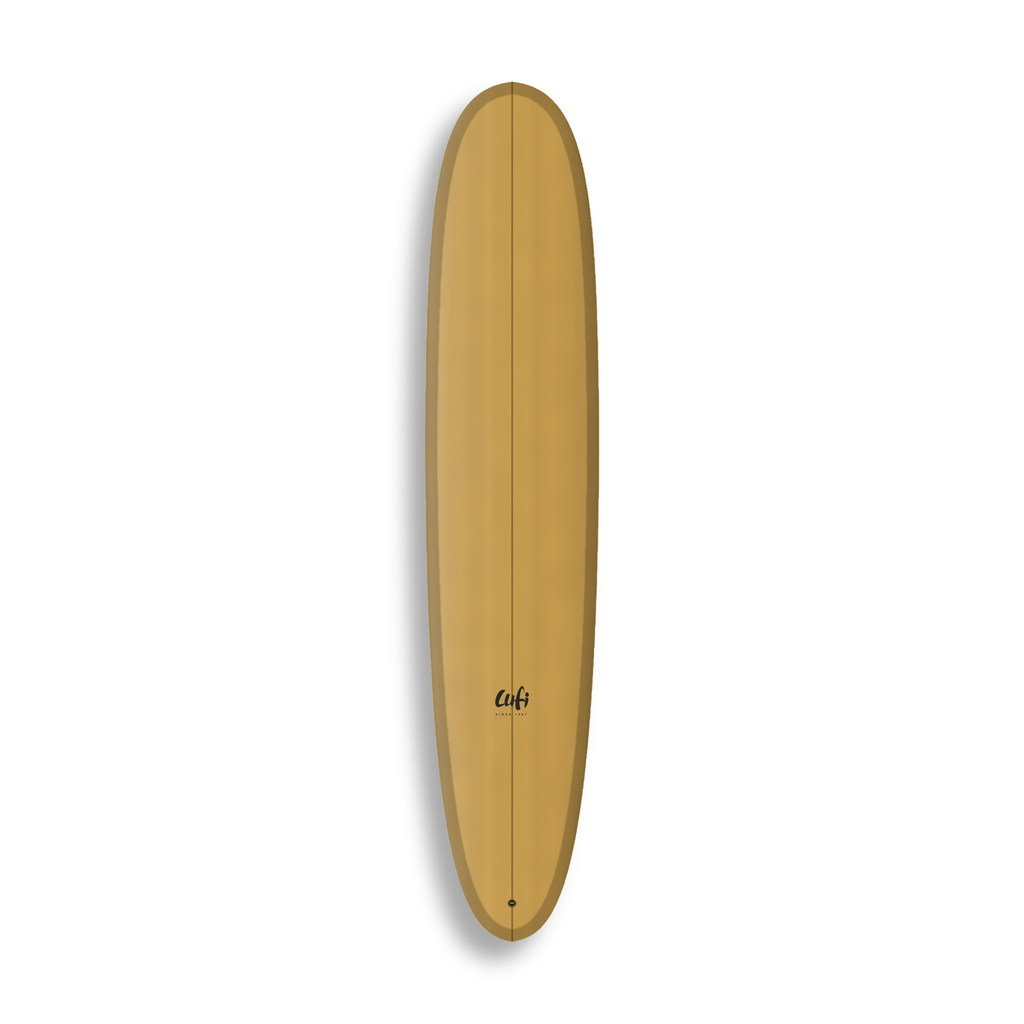 Longboard Noosa Secret da Lufi Surf Co na cor Ocre Mostarda, visto pelo deck