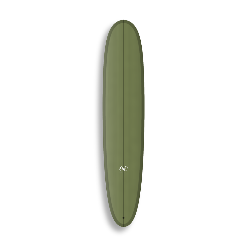 Longboard Noosa Secret da Lufi Surf Co na cor Oliva, visto pelo deck