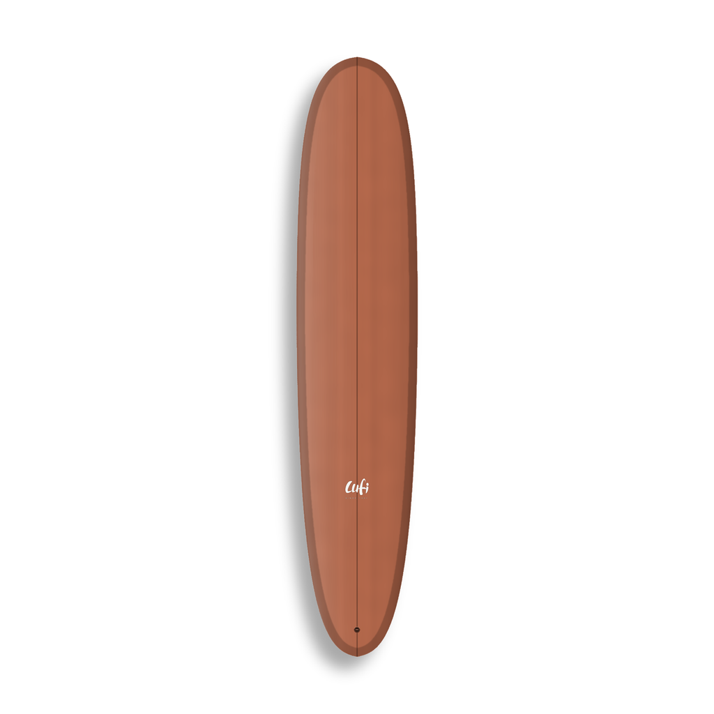 Longboard Noosa Secret da Lufi Surf Co na cor Terracota, visto pelo deck