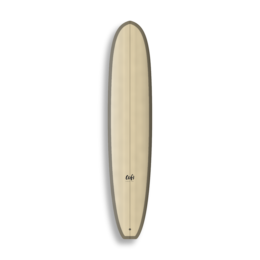Longboard One Piece da Lufi Surf Co na cor Areia, visto pelo deck
