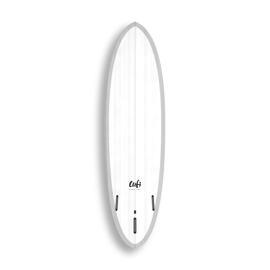 Mid-length Round Twin da Lufi Surf Co na cor Branco, visto pelo bottom