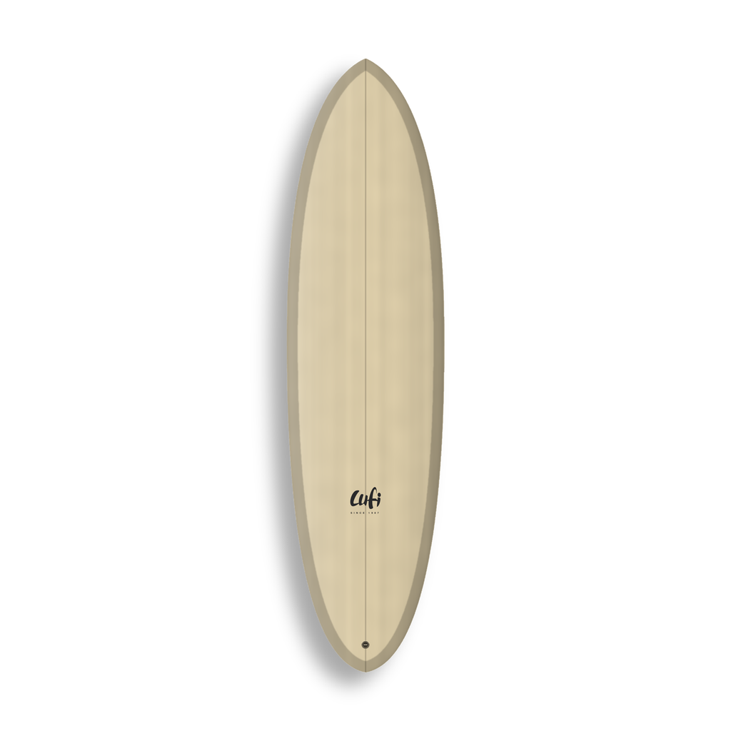 Mid-length Round Twin da Lufi Surf Co na cor Areia, visto pelo deck