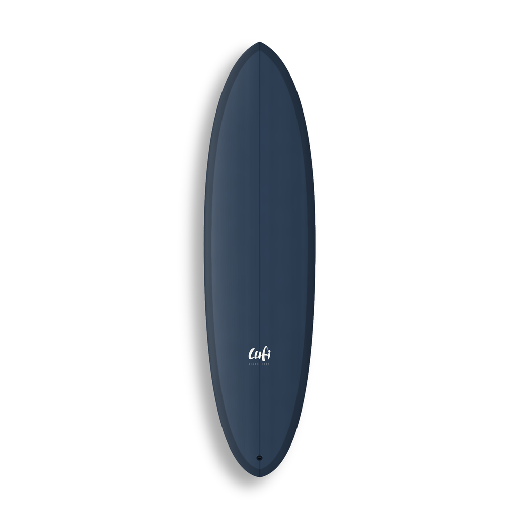 Mid-length Round Twin da Lufi Surf Co na cor Azul Marinho, visto pelo deck
