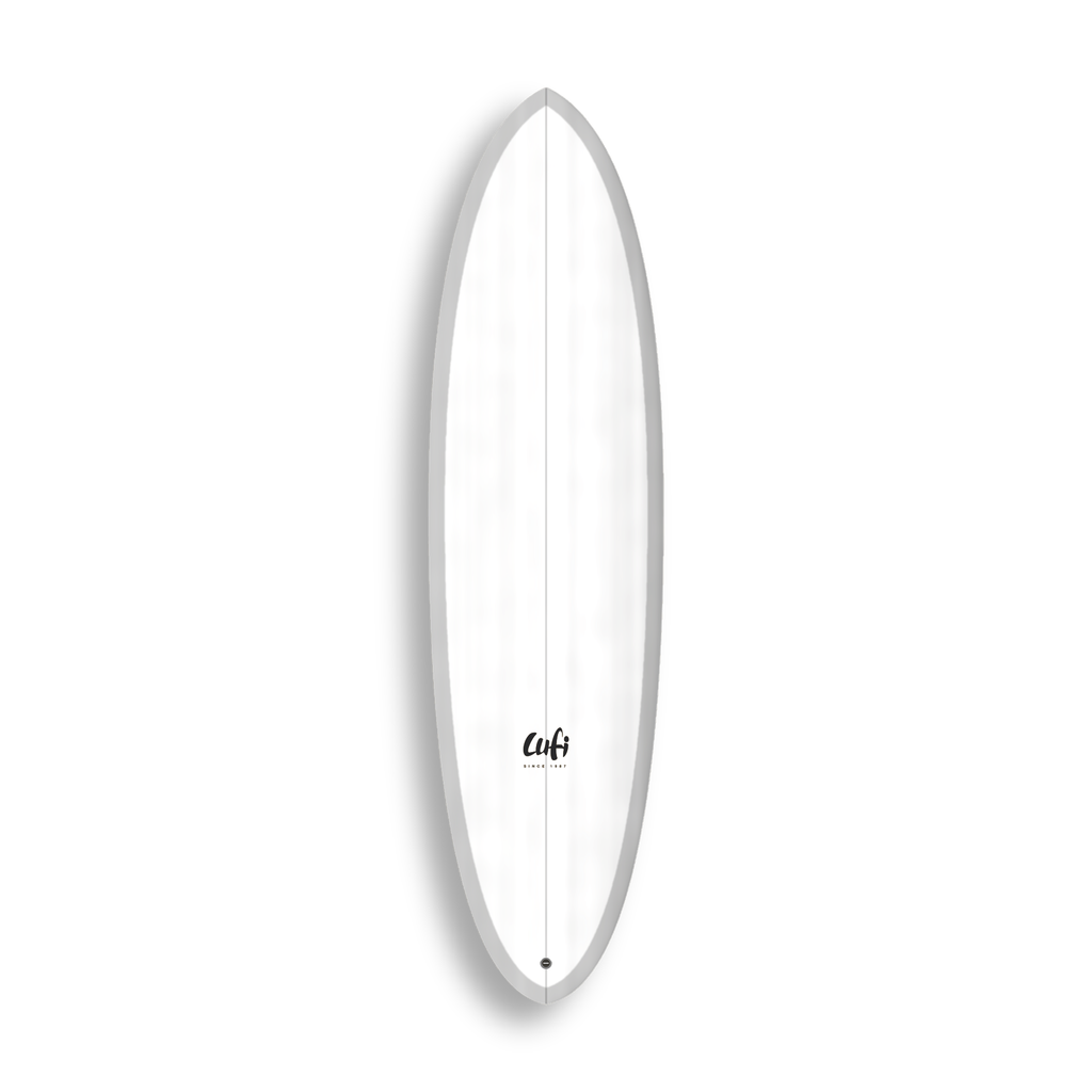 Mid-length Round Twin da Lufi Surf Co na cor Branco, visto pelo deck