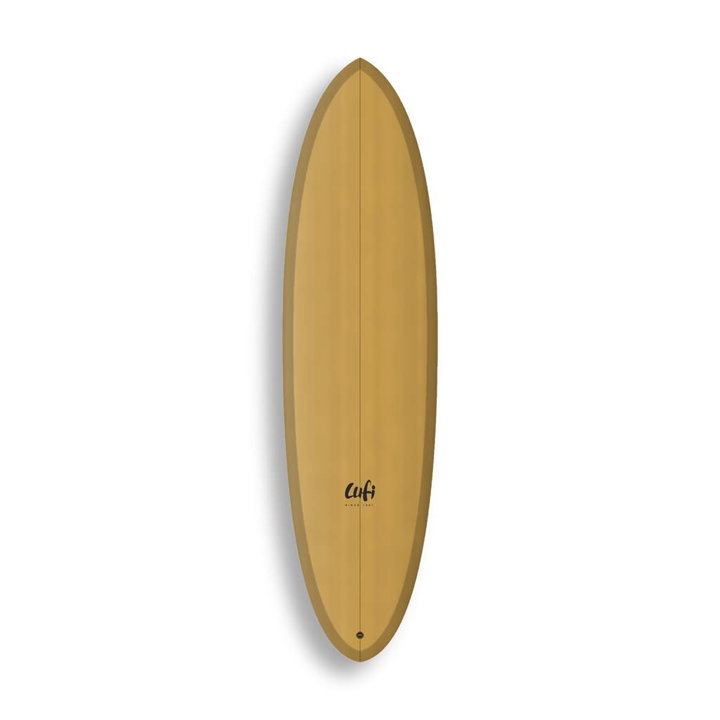 Mid-length Round Twin da Lufi Surf Co na cor Ocre Mostarda, visto pelo deck