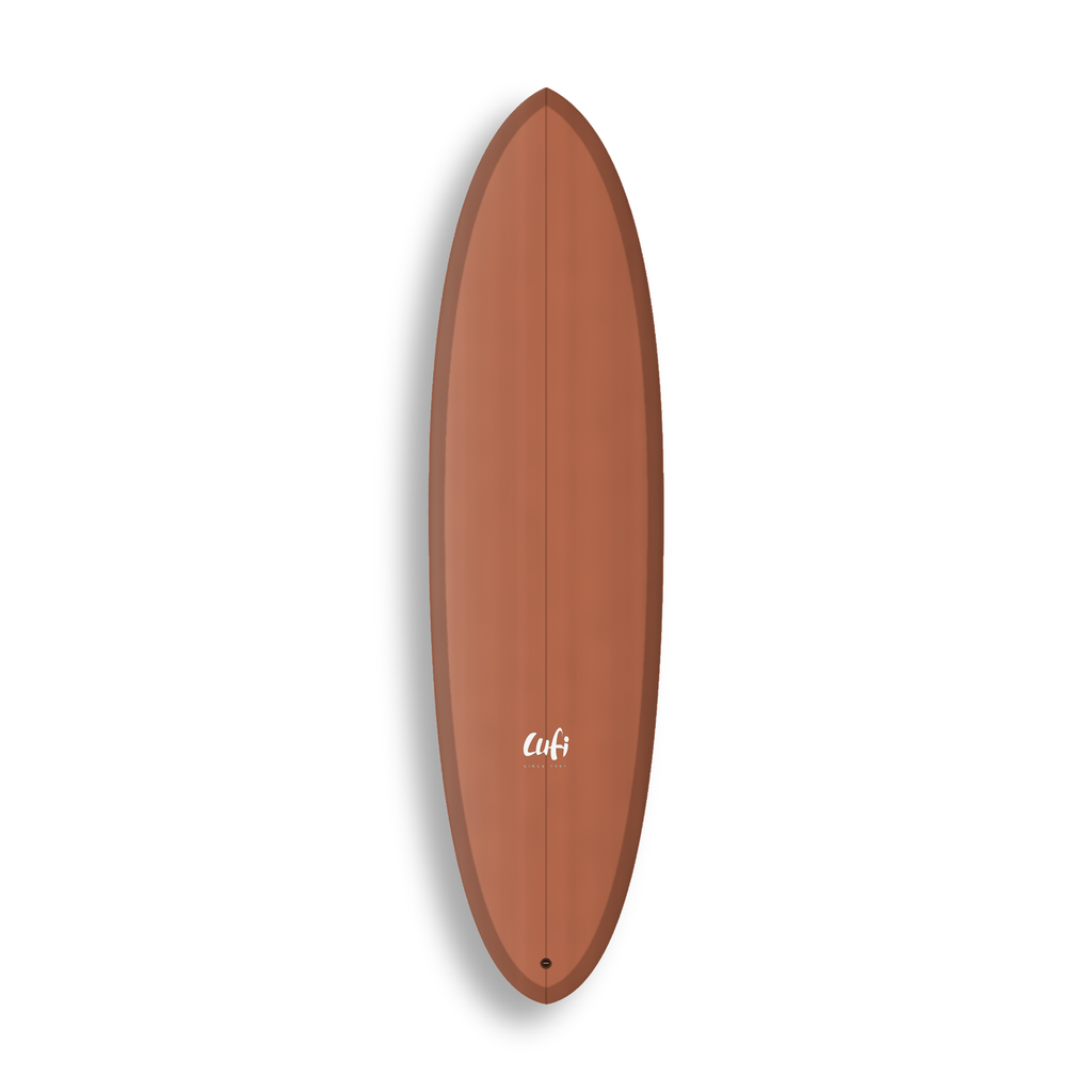 Mid-length Round Twin da Lufi Surf Co na cor Terracota, visto pelo deck