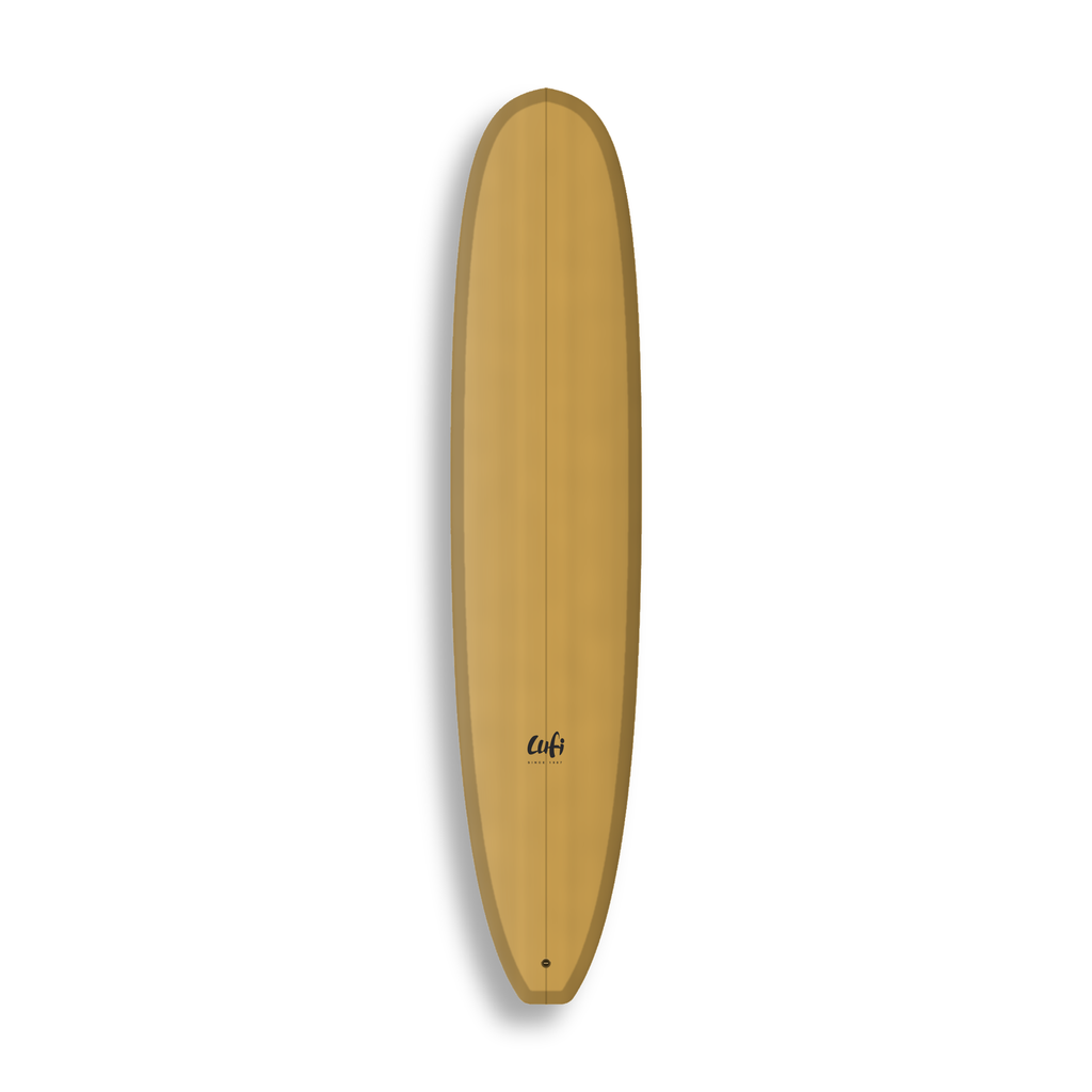 Longboard Sea Captain da Lufi Surf Co na cor Ocre Mostarda, visto pelo deck