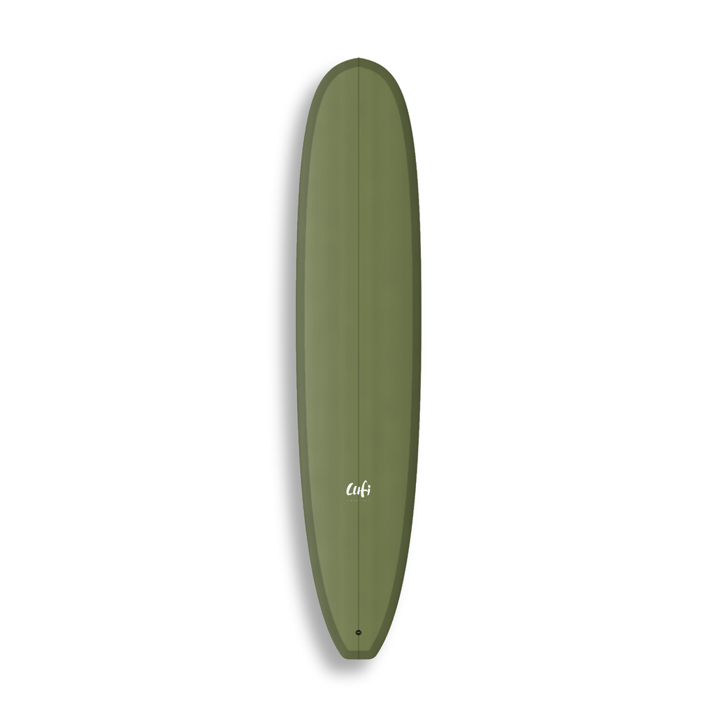 Longboard Sea Captain da Lufi Surf Co na cor Oliva, visto pelo deck
