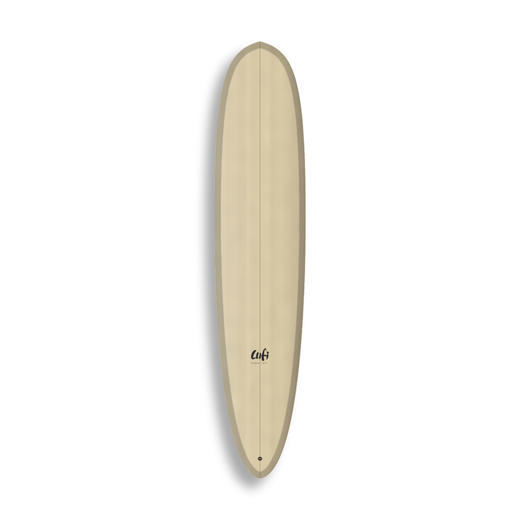 Longboard Sea Devil da Lufi Surf Co na cor Areia, visto pelo deck