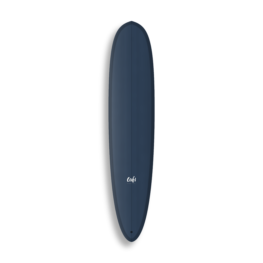 Longboard Sea Devil da Lufi Surf Co na cor azul marinho, visto pelo deck