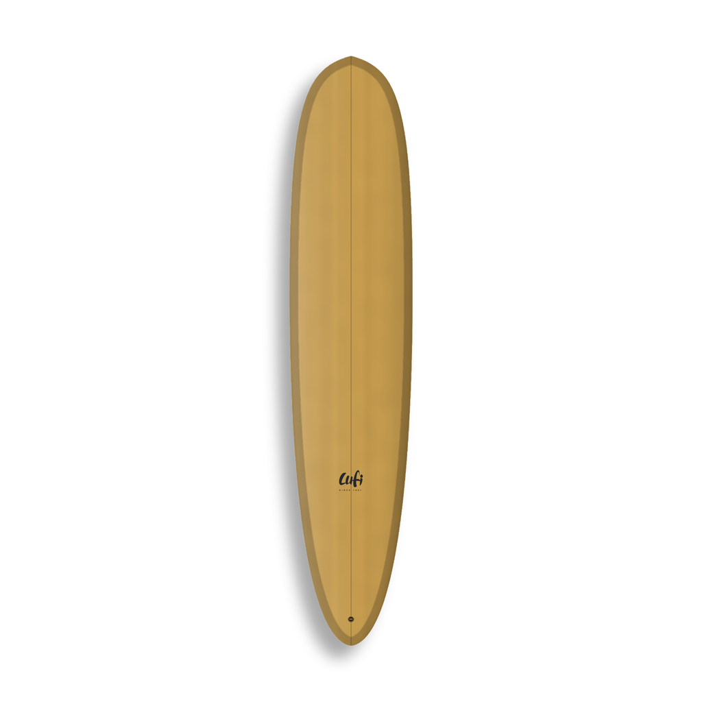 Longboard Sea Devil da Lufi Surf Co na cor Ocre Mostarda, visto pelo deck