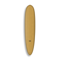 Longboard Sea Devil da Lufi Surf Co na cor Ocre Mostarda, visto pelo deck