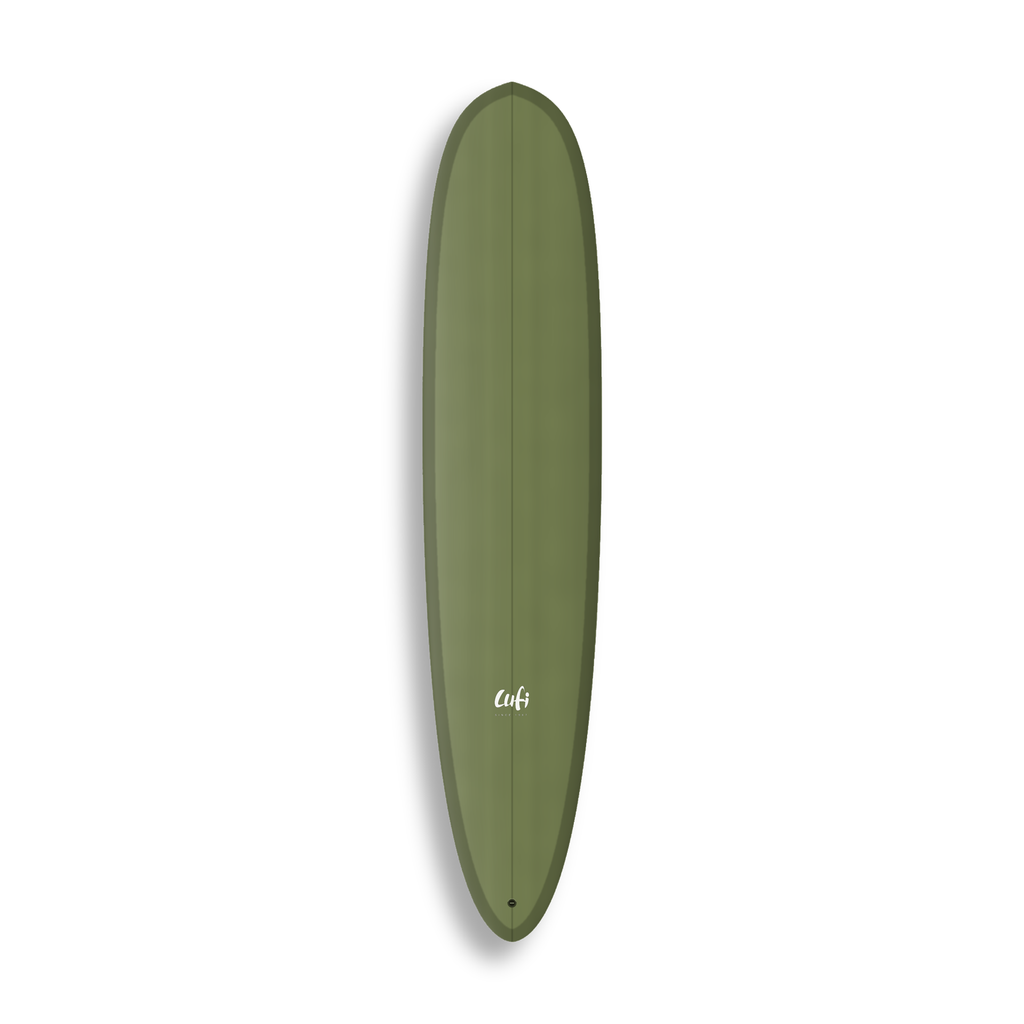 Longboard Sea Devil da Lufi Surf Co na cor Oliva, visto pelo deck