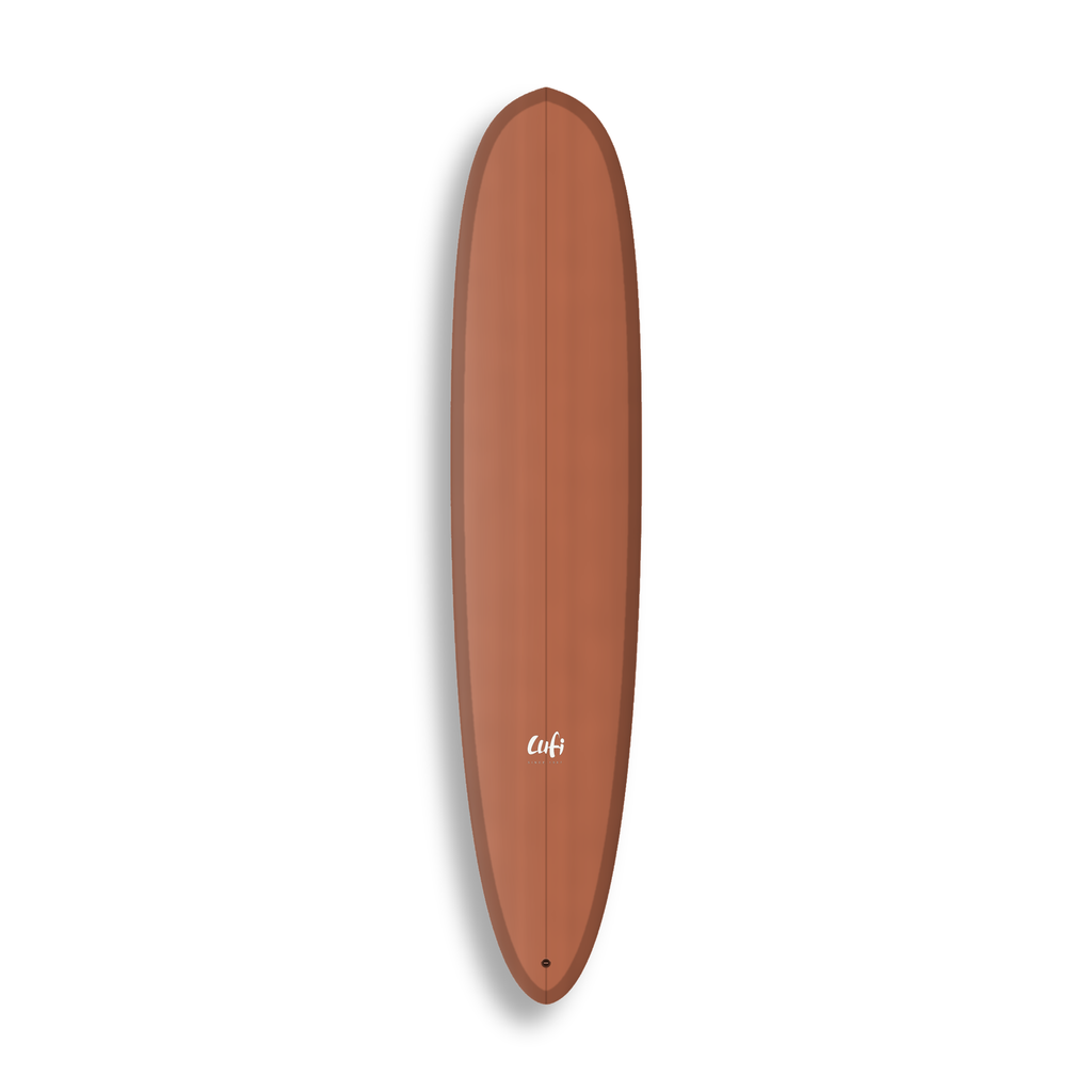 Longboard Sea Devil da Lufi Surf Co na cor Terracota, visto pelo deck