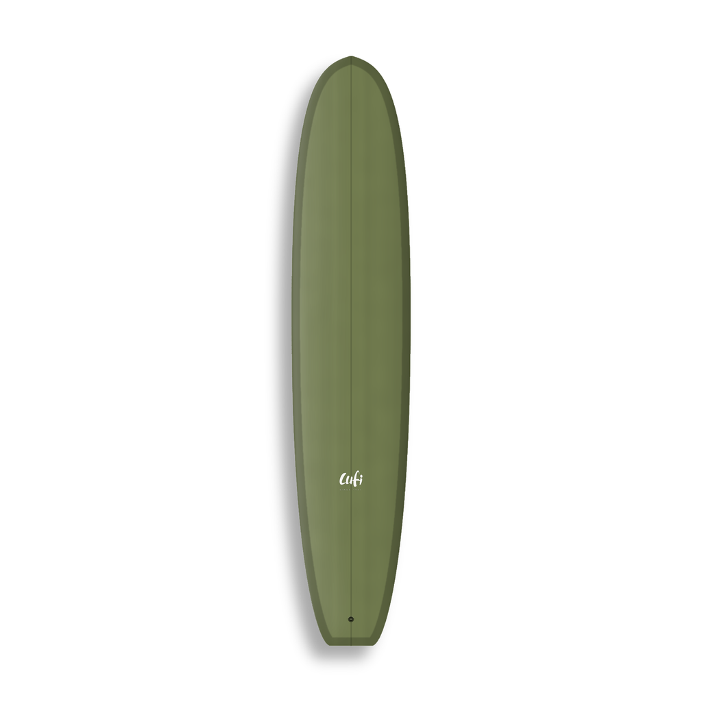 Longboard The One da Lufi Surf Co na cor Oliva, visto pelo deck