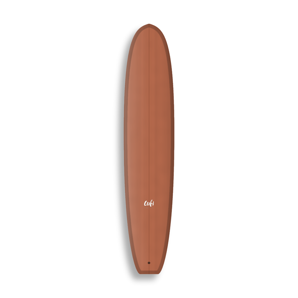 Longboard The One da Lufi Surf Co na cor Terracota, visto pelo deck