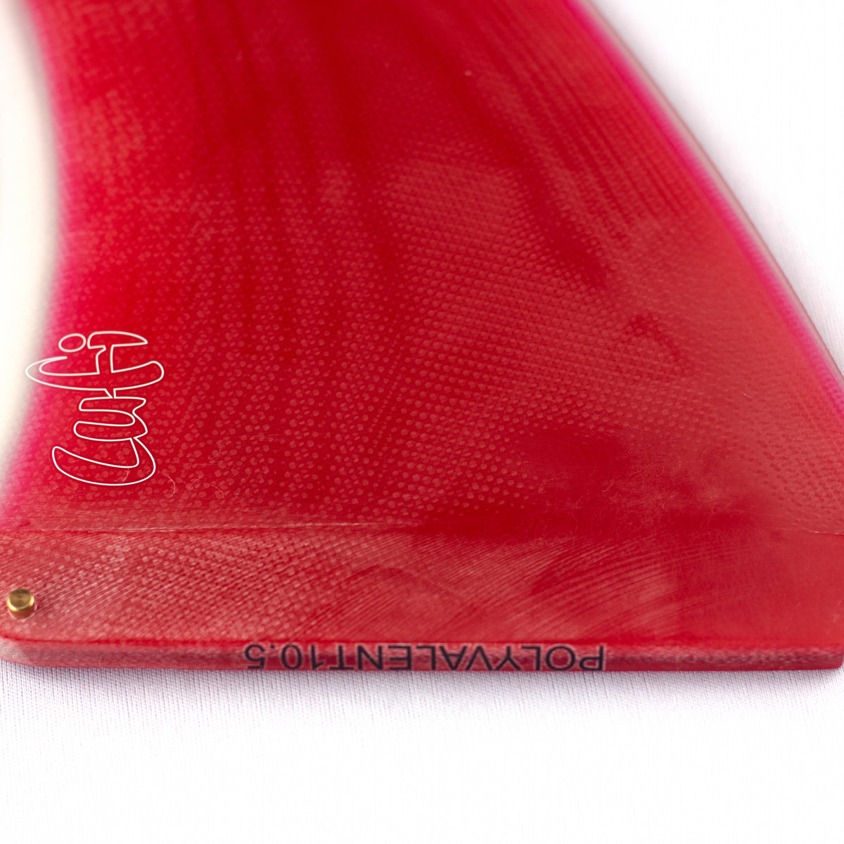 Quilha Longboard Polyvalent 10.5" da Lufi na cor Carmim, detalhe da base com a gravação Polyvalent 10.5 e o logo Lufi