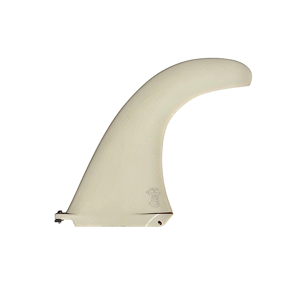 Quilha Singular 11" da Lufi na cor Bege, de perfil em fundo branco, com a trama da fibra de vidro visível na lâmina